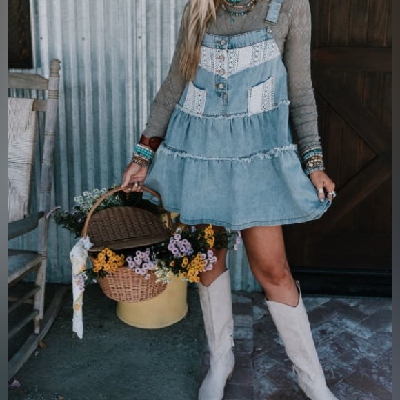 POL Dresses & Skirts - POL Boho Crochet Denim Overall Dress | Vintage Inspired Skirt with Frayed Edges